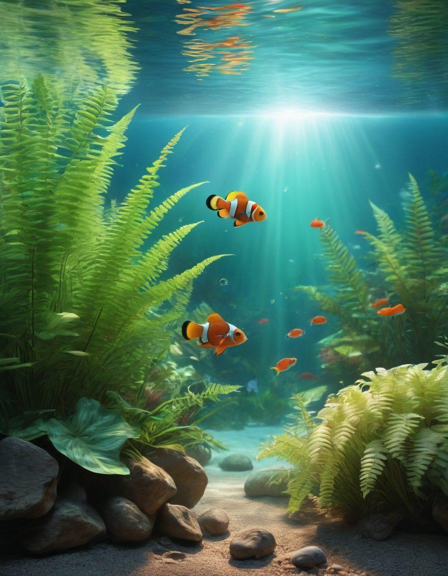 A serene underwater scene showcasing a vibrant aquarium filled with various colorful fish and lush aquatic plants, contrasted with a protective shield symbol hovering above the aquarium. Include elements like bubbles and rays of light filtering through the water, symbolizing safety and care. Soft, inviting colors enhance the calming effect. super-realistic. vibrant colors. 3D.