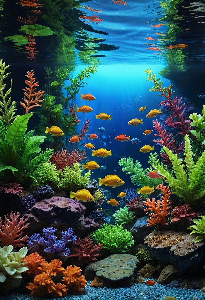 A serene aquatic scene featuring a beautifully maintained fish tank with vibrant tropical fish swimming among lush green plants and colorful coral. Overlay the tank with subtle icons representing different insurance services, like shields and checkmarks, to symbolize protection. Include a calm, bluish backdrop resembling water to emphasize tranquility and safety. The overall composition conveys a sense of harmony between aquatic life and security. super-realistic. vibrant colors. 3D.