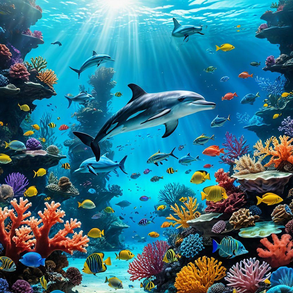 A serene underwater scene showcasing a diverse range of marine life, including vibrant coral reefs, colorful fish, and a dolphin playfully swimming. Overlay this with subtle visuals of insurance symbols like a shield or a checkmark, symbolizing protection and coverage. The water should appear crystal clear, inviting curiosity and tranquility. Use a bright and cheerful color palette to evoke a sense of safety and assurance. 3D, vibrant colors.
